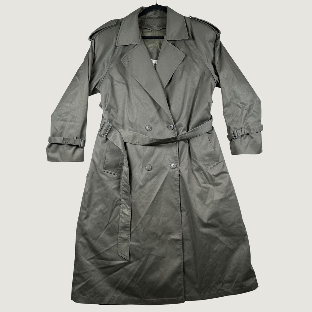 Vtg Trench Coat Women 12 Insulated Belt Long Duster Jacket Olive Green Military